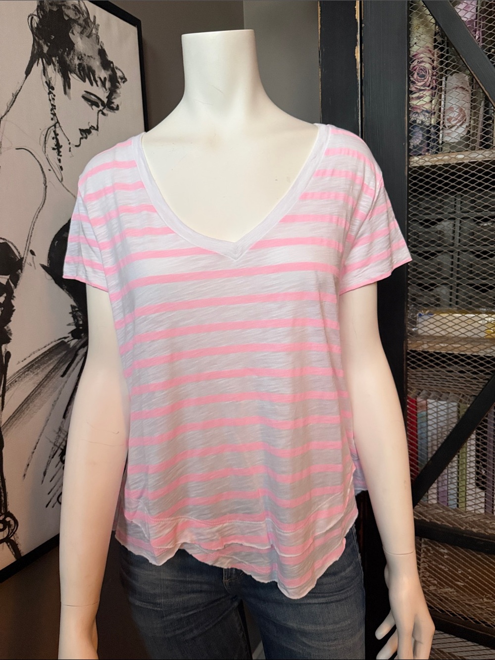 CHRLDR Pink and White Striped V-Neck Short Sleeve Tee